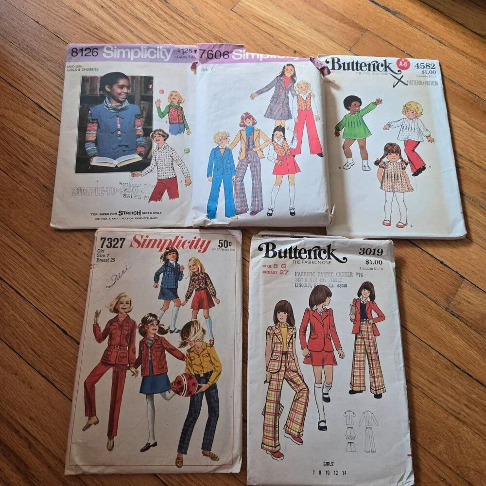 vintage kids sewing patterns mixed lot 40s - 80s blouse, apron, pants unverified